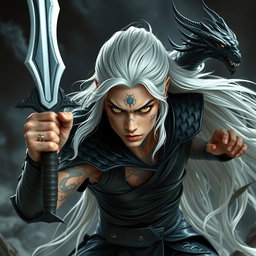 A fierce young adult Shadar-kai warlock captured in a serious battle stance, ready to engage in combat