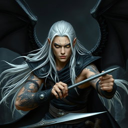 A fierce young adult Shadar-kai warlock captured in a serious battle stance, ready to engage in combat