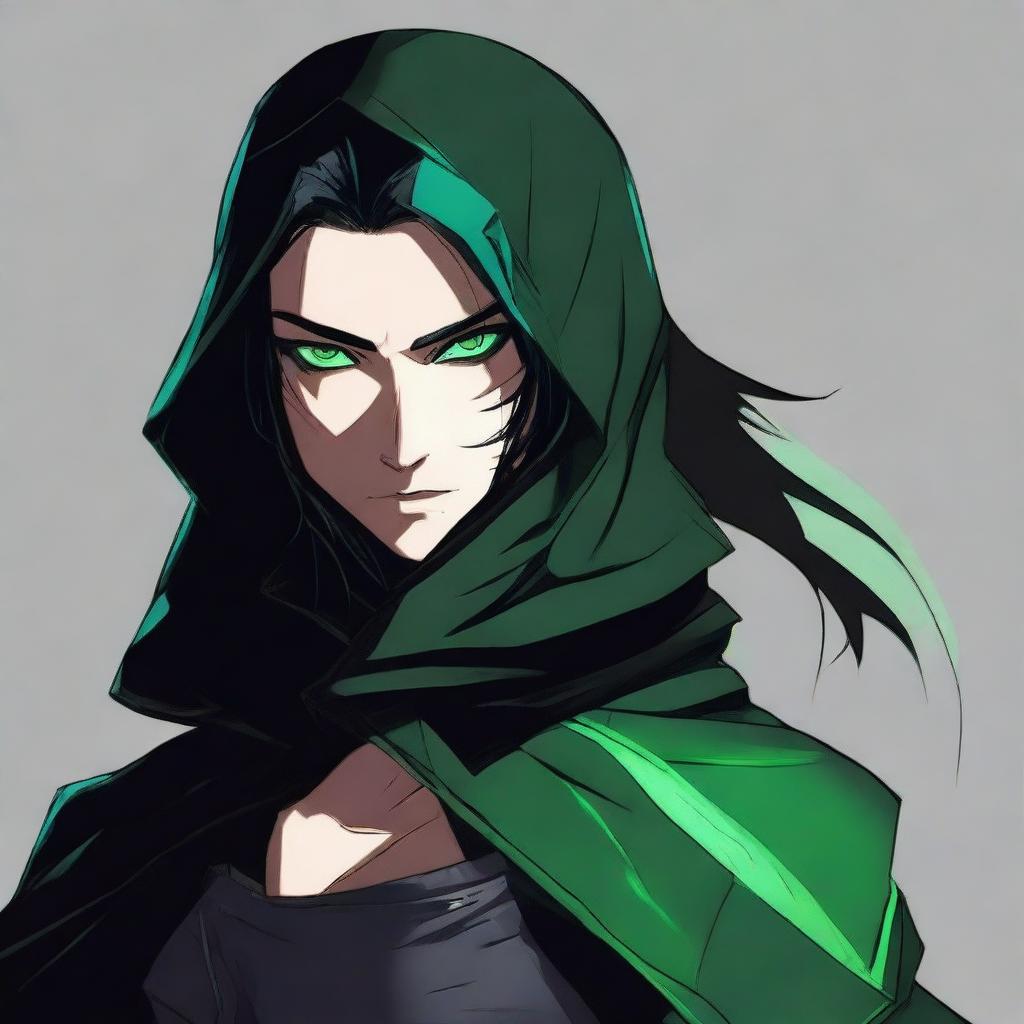 An image of a high-quality digital art featuring an assassin with sleek black hair and piercing green eyes