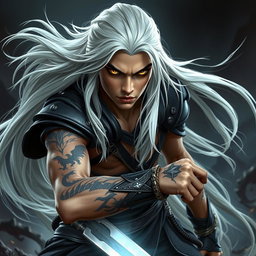 A fierce young adult Shadar-kai warlock captured in a serious battle stance, ready to engage in combat