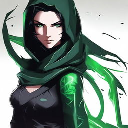 An image of a high-quality digital art featuring an assassin with sleek black hair and piercing green eyes