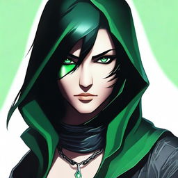 An image of a high-quality digital art featuring an assassin with sleek black hair and piercing green eyes