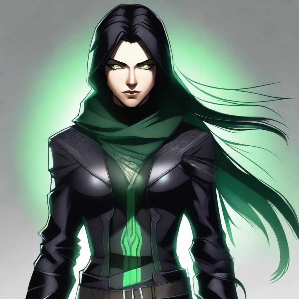 An image of a high-quality digital art featuring an assassin with sleek black hair and piercing green eyes