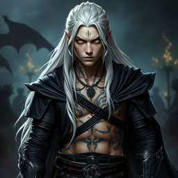 A young adult Shadar-kai warlock captured in a serious battle stance, exuding an air of confidence and readiness