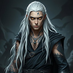 A young adult Shadar-kai warlock captured in a serious battle stance, exuding an air of confidence and readiness