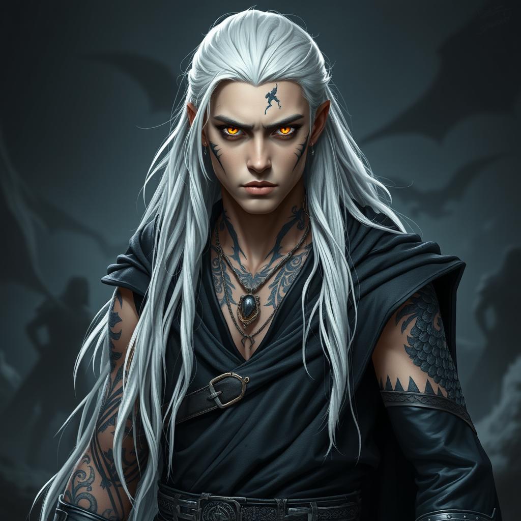 A young adult Shadar-kai warlock captured in a serious battle stance, exuding an air of confidence and readiness