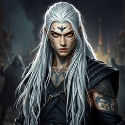 A young adult Shadar-kai warlock captured in a serious battle stance, exuding an air of confidence and readiness