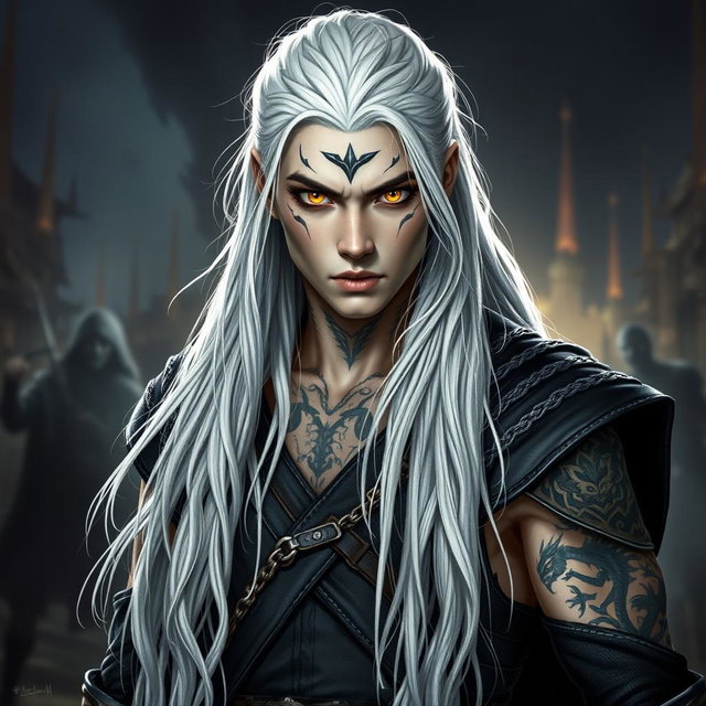 A young adult Shadar-kai warlock captured in a serious battle stance, exuding an air of confidence and readiness