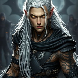 A young adult Shadar-kai warlock captured in a serious battle stance, exuding an air of confidence and readiness