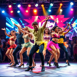 A dynamic dance group performing energetically on stage, dressed in stylish, colorful costumes that reflect contemporary dance trends