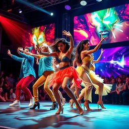 A dynamic dance group performing energetically on stage, dressed in stylish, colorful costumes that reflect contemporary dance trends