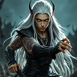 A serious young adult Shadar-kai warlock positioned in an imposing battle stance, poised for action