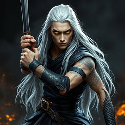 A serious young adult Shadar-kai warlock positioned in an imposing battle stance, poised for action