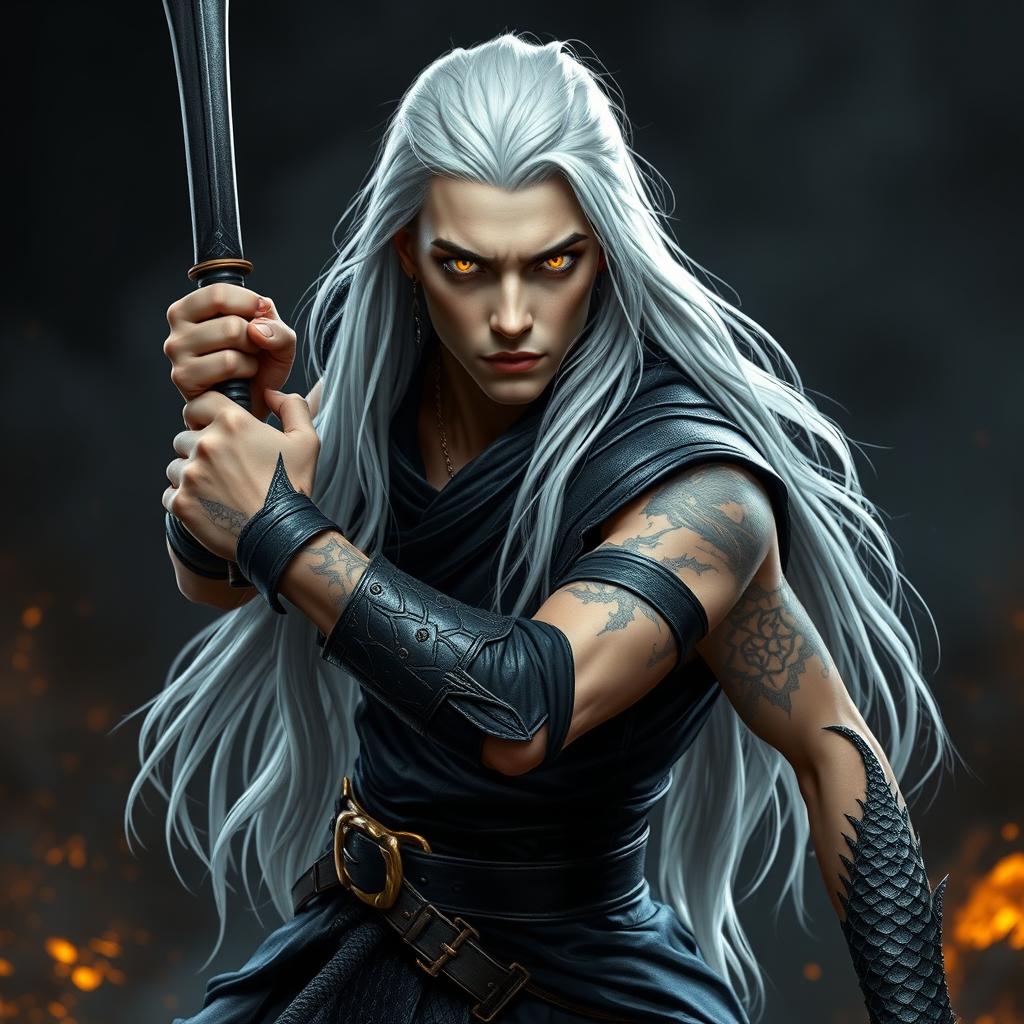 A serious young adult Shadar-kai warlock positioned in an imposing battle stance, poised for action