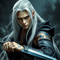 A serious young adult Shadar-kai warlock positioned in an imposing battle stance, poised for action