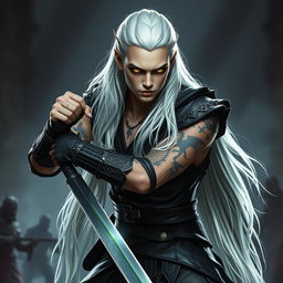 A serious young adult Shadar-kai warlock positioned in an imposing battle stance, poised for action