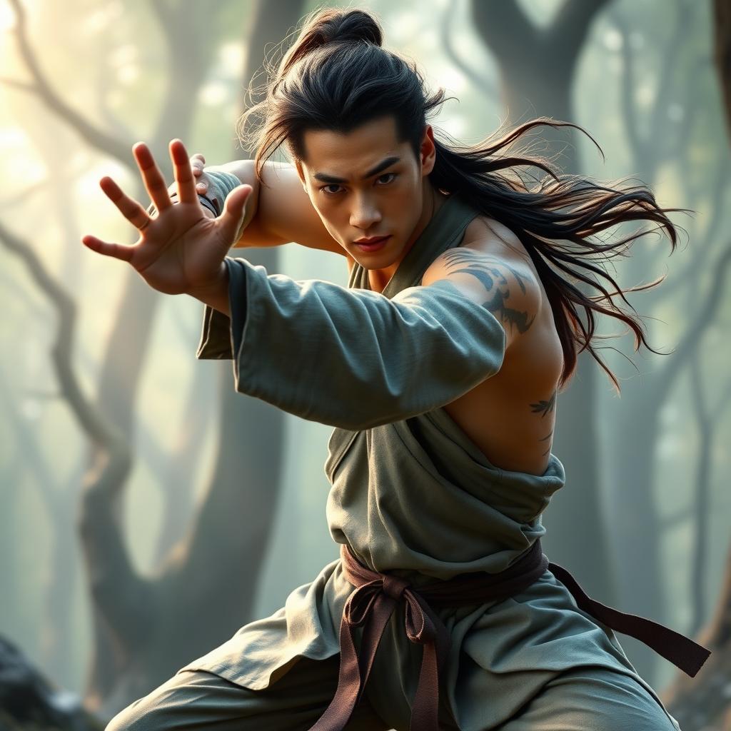 A male shifter monk in a dynamic martial arts pose, showcasing his agility and strength