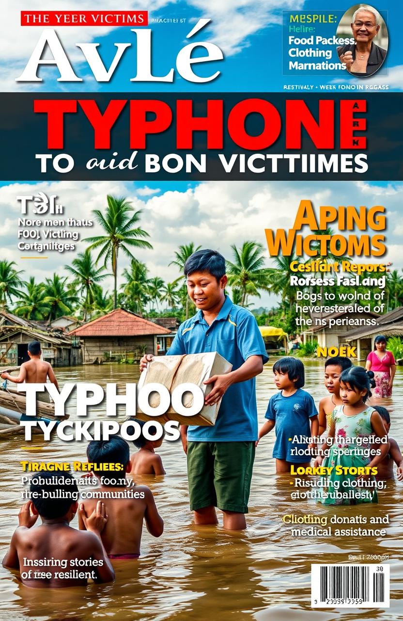 A visually appealing magazine cover focused on aid to typhoon victims, showcasing a dramatic image of a relief worker distributing supplies to grateful families in a flooded area