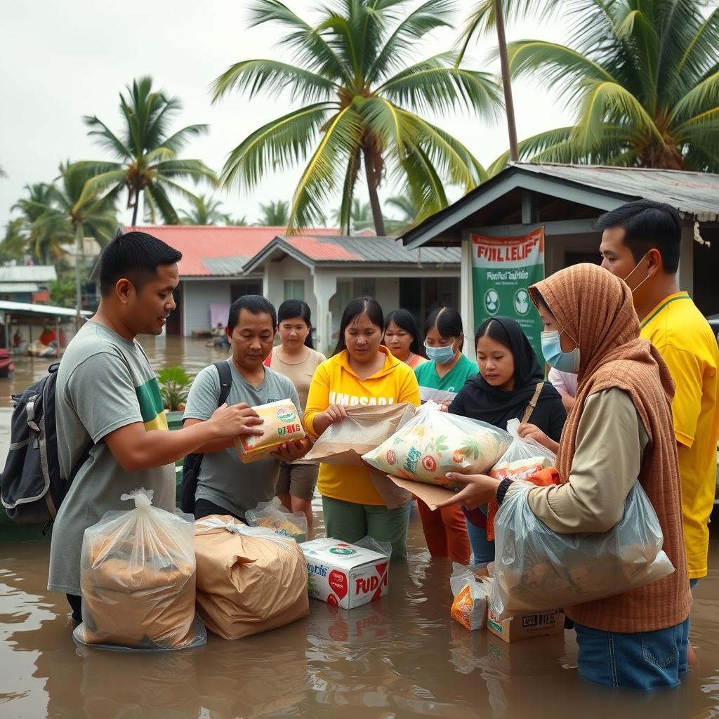An informative and heartfelt scene depicting aid to typhoon victims, featuring volunteers and humanitarian workers providing essential supplies such as food, water, and medical aid to families in a disaster-stricken area