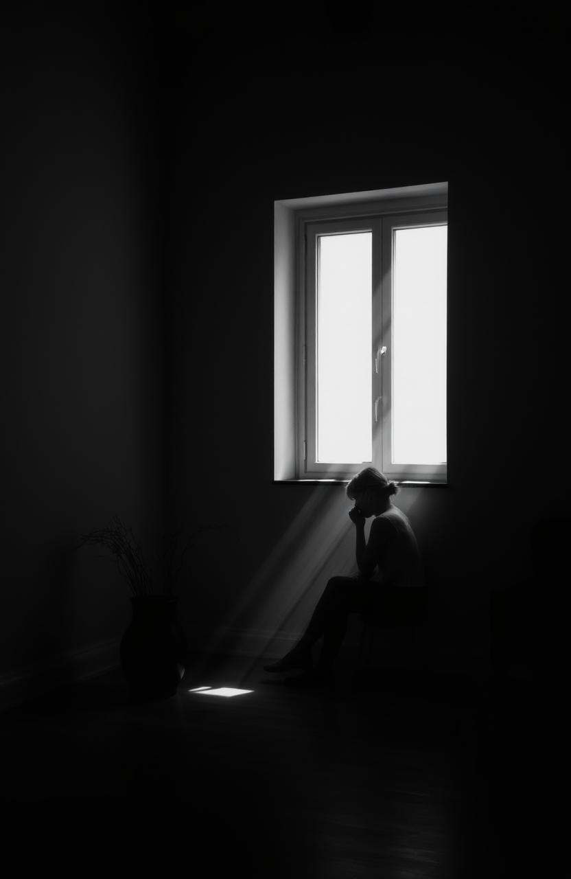 A serene and contemplative scene set in a stark black and white environment, where everything is depicted in shades of gray