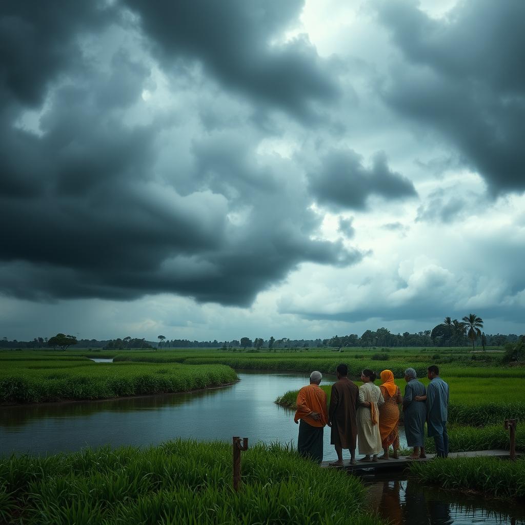 A moody landscape depicting a dramatic and emotional sky with dark, heavy clouds, resembling a crying sky