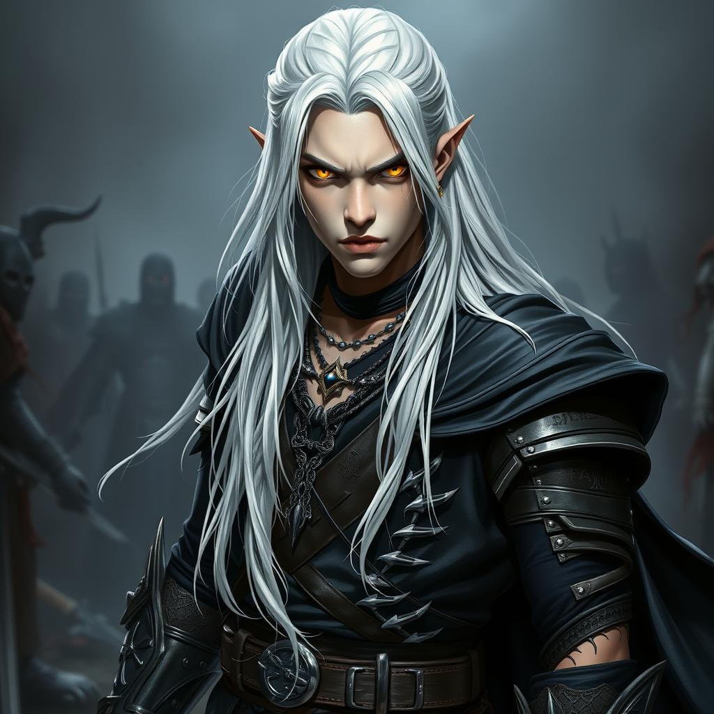 An intense young adult Shadar-kai warlock depicted in a serious battle stance, poised and ready for action