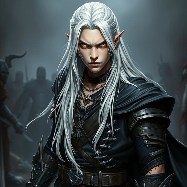 An intense young adult Shadar-kai warlock depicted in a serious battle stance, poised and ready for action