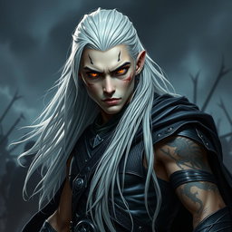 An intense young adult Shadar-kai warlock depicted in a serious battle stance, poised and ready for action