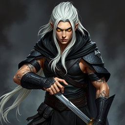 An intense young adult Shadar-kai warlock depicted in a serious battle stance, poised and ready for action