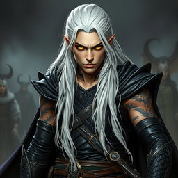 An intense young adult Shadar-kai warlock depicted in a serious battle stance, poised and ready for action