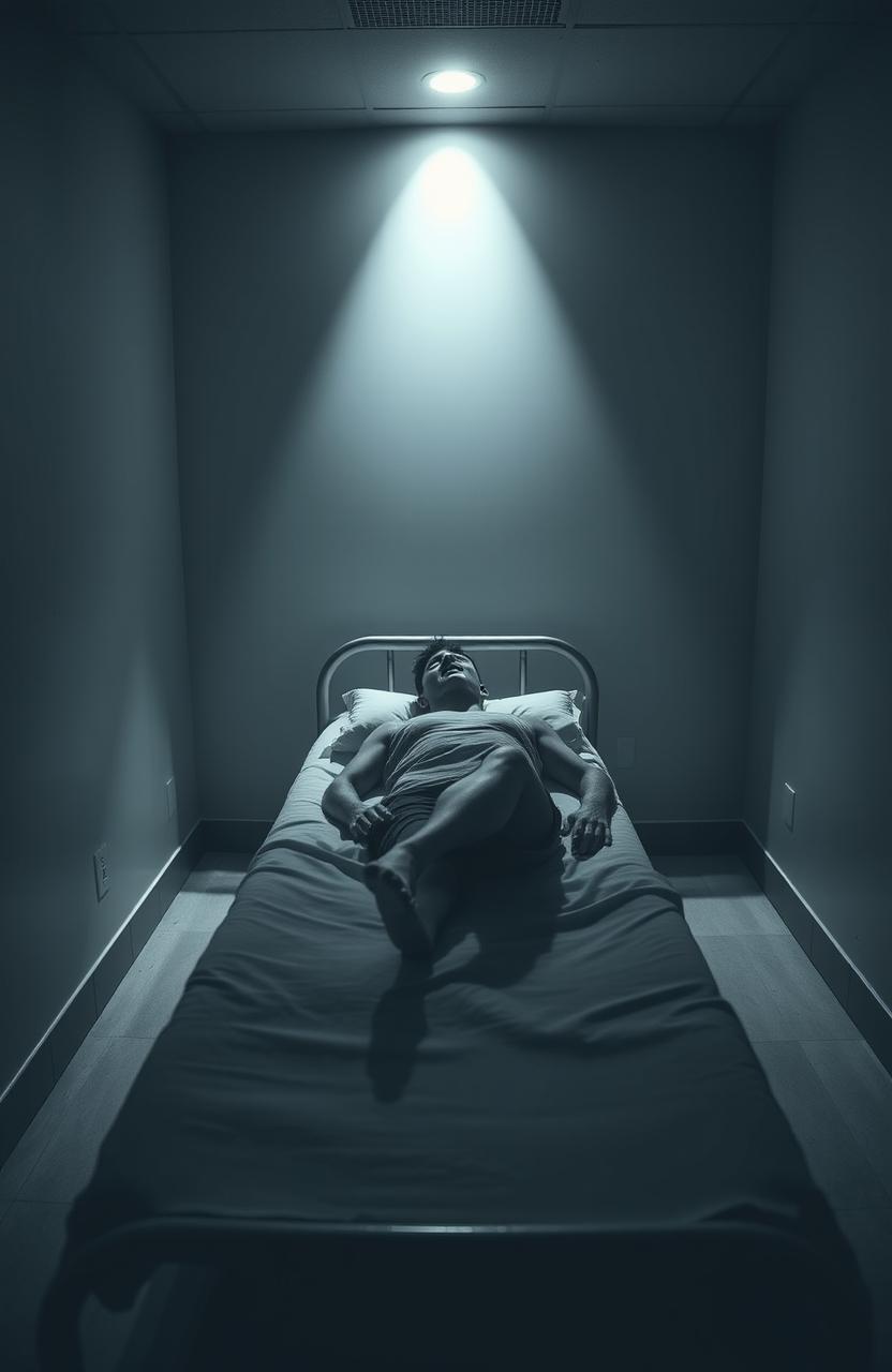 A hauntingly atmospheric scene set in a psych ward, depicting a solitary bed in a stark, sterile room