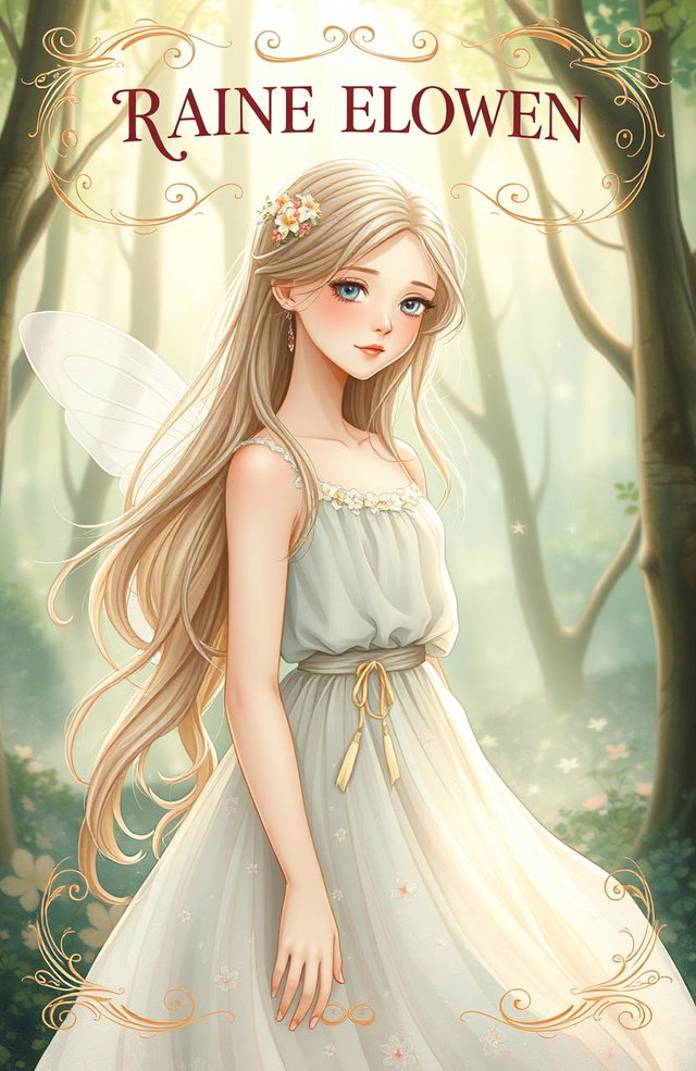 An illustrated art book cover featuring a young white woman wearing a whimsical, fairy-like dress that is light and ethereal, adorned with delicate floral patterns and soft pastel colors