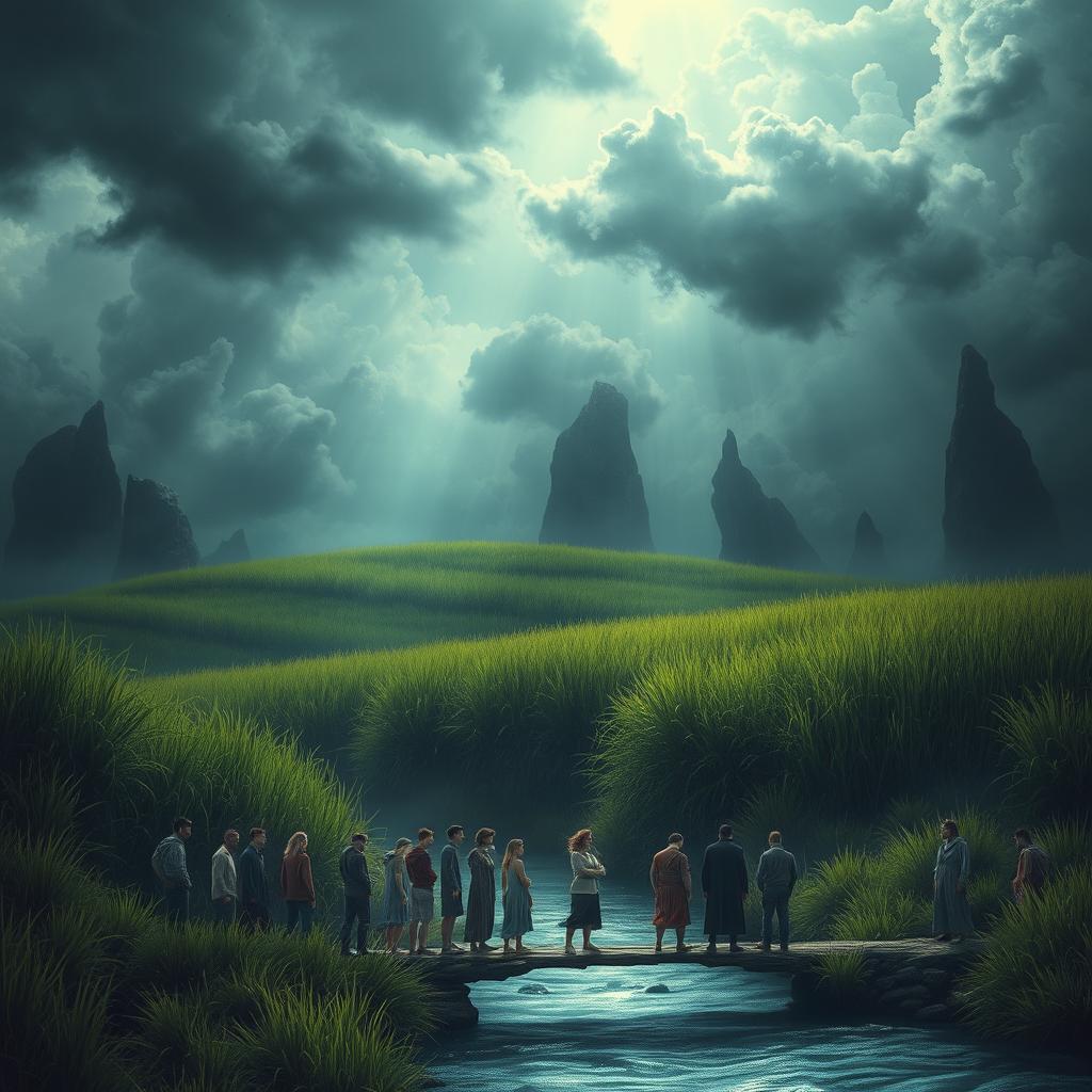 A hauntingly beautiful landscape illustrating a sorrowful sky where dark clouds appear to weep