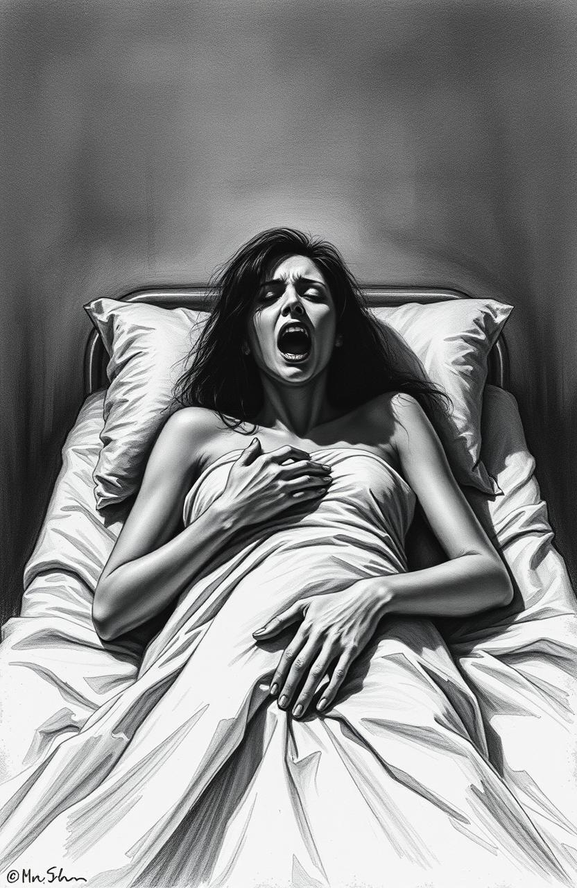 A haunting black and white drawing of a woman in a psych ward, laying on a hospital bed