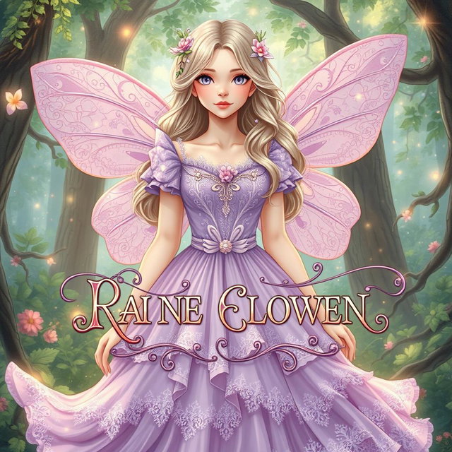 An illustrated art book cover depicting a young white woman in a stunning fairy-like dress that features layers of flowing fabric with intricate lace details and glittering accents