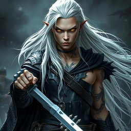 A young adult Shadar-kai warlock depicted in a serious battle stance, ready for confrontation