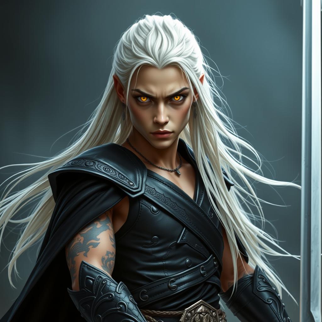 A young adult Shadar-kai warlock depicted in a serious battle stance, ready for confrontation