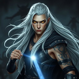 A young adult Shadar-kai warlock depicted in a serious battle stance, ready for confrontation