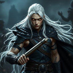 A young adult Shadar-kai warlock depicted in a serious battle stance, ready for confrontation