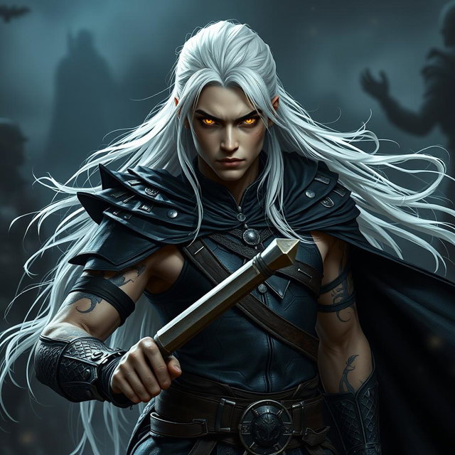 A young adult Shadar-kai warlock depicted in a serious battle stance, ready for confrontation