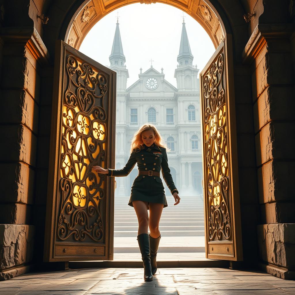 A beautiful blonde woman opening bright stone doors, revealing the entrance to a grand military academy