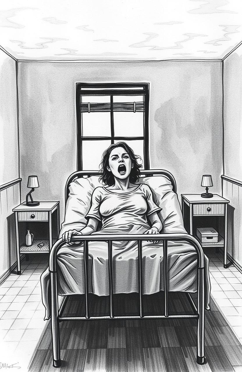 A haunting black and white drawing of a woman in a psych ward bed, with her face obscured and not visible