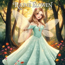 An illustrated art book cover showcasing a young white woman in a fairy-like dress, beautifully designed without wings