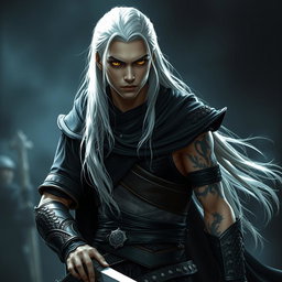 A young male Shadar-kai warlock captured in a serious battle stance, fully prepared for combat