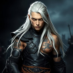 A young male Shadar-kai warlock captured in a serious battle stance, fully prepared for combat