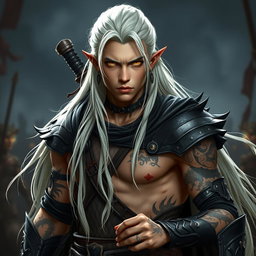 A young male Shadar-kai warlock captured in a serious battle stance, fully prepared for combat