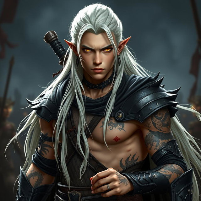 A young male Shadar-kai warlock captured in a serious battle stance, fully prepared for combat