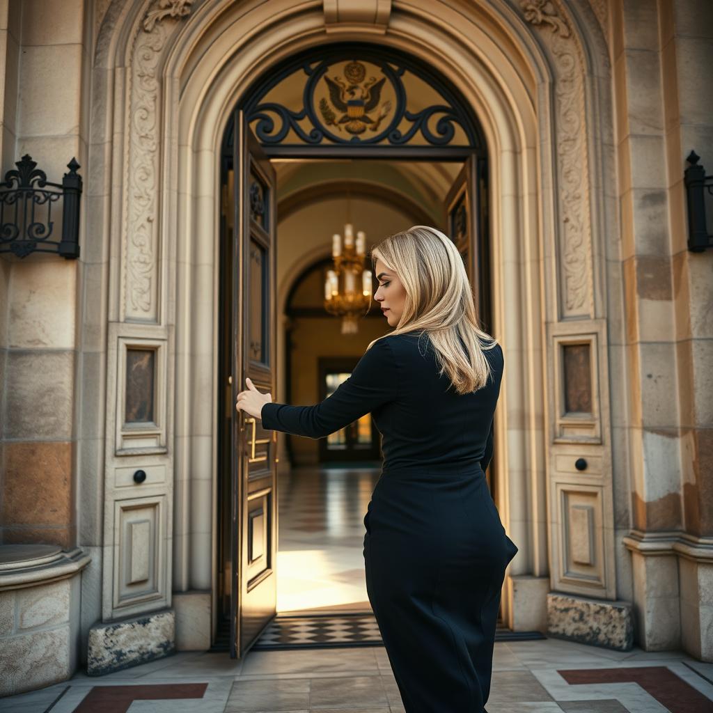 A glamorous blonde woman with sleek hair elegantly pushing open bright stone doors as she enters a grand military academy