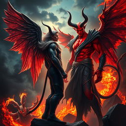 A dramatic showdown between Lucifer and Satan, set in a dark, fiery hellscape