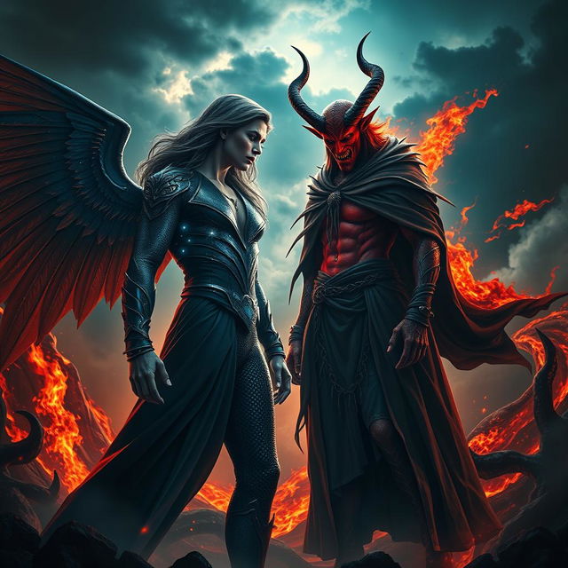 A dramatic showdown between Lucifer and Satan, set in a dark, fiery hellscape